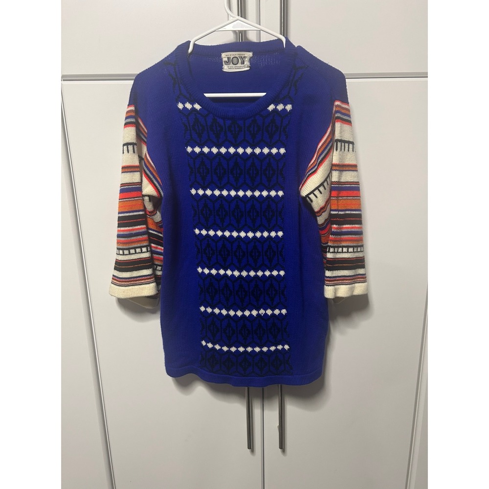 Vintage Joy Aris of Calis Blue Geometric‎ Intarsia Knit Sweater 3/4 Sleeve Large